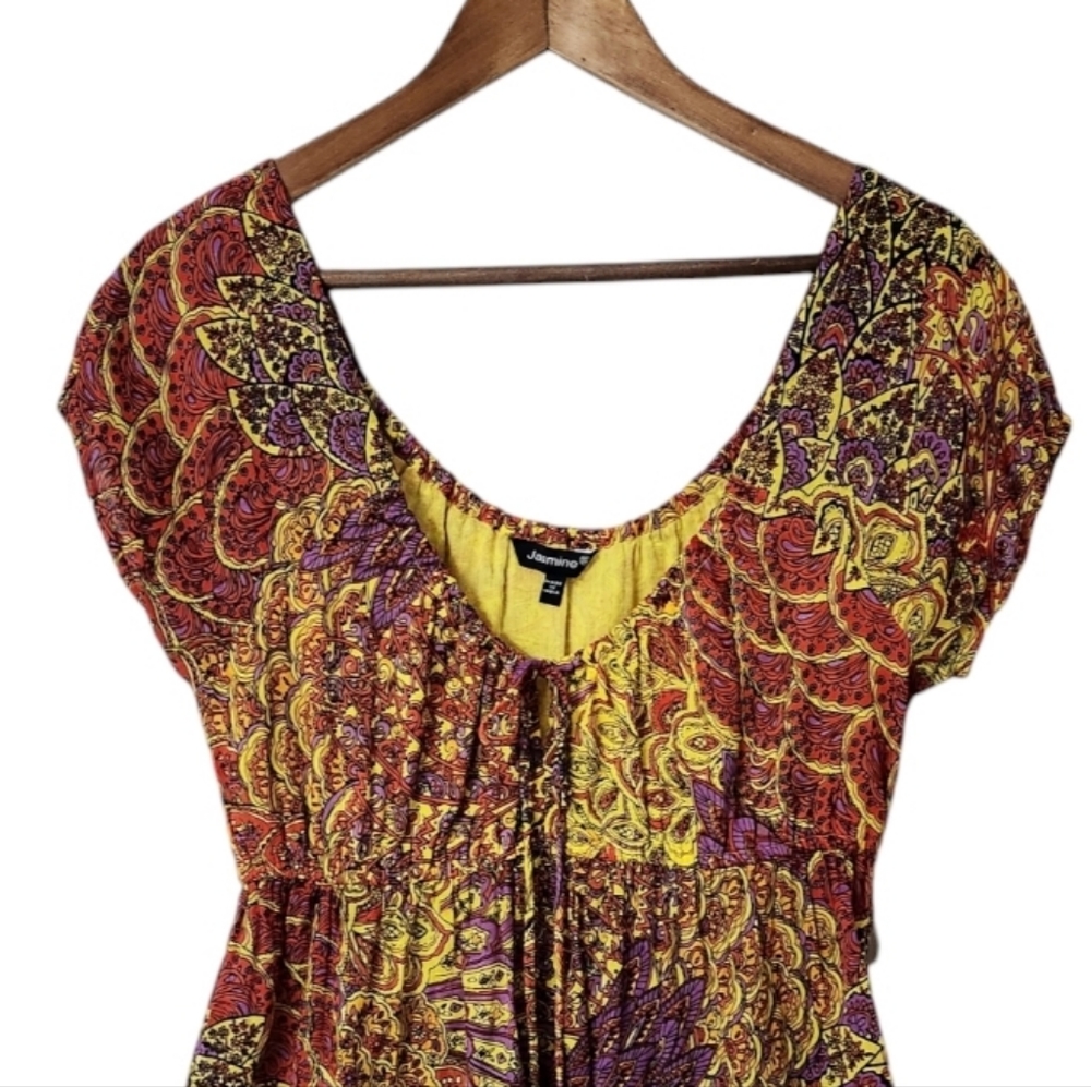 Bold Multicolor Paisley Print Boho Peasant Puff Sleeve Babydoll Top | Jasmine - Picture 3 of 8